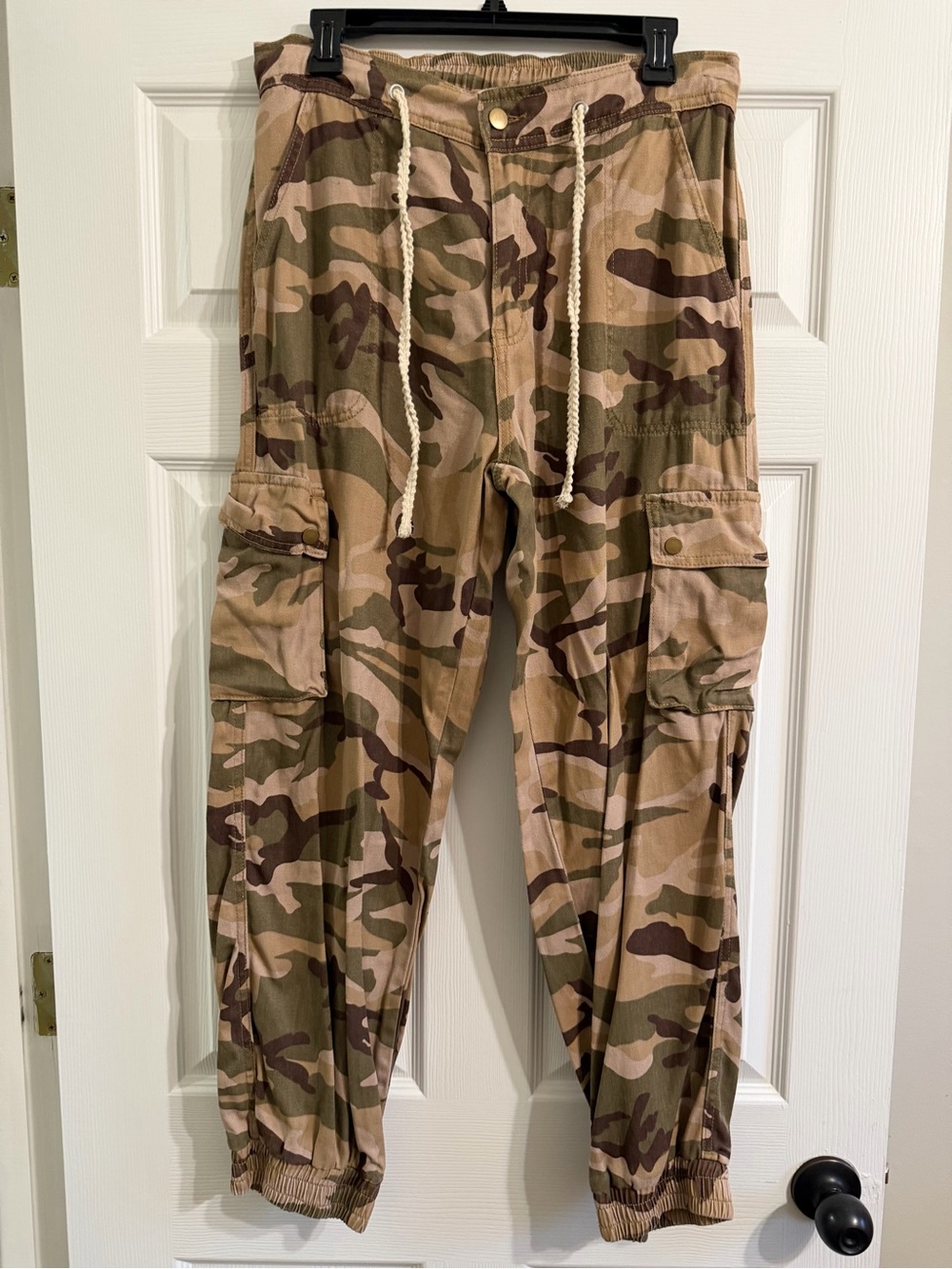 POL Women’s Cargo Pants in Tan and Green Camo